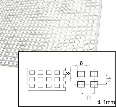 Plech děrovaný 1 mm čtvercový otvor 8 mm řadová rozteč 11 mm (1x2m)